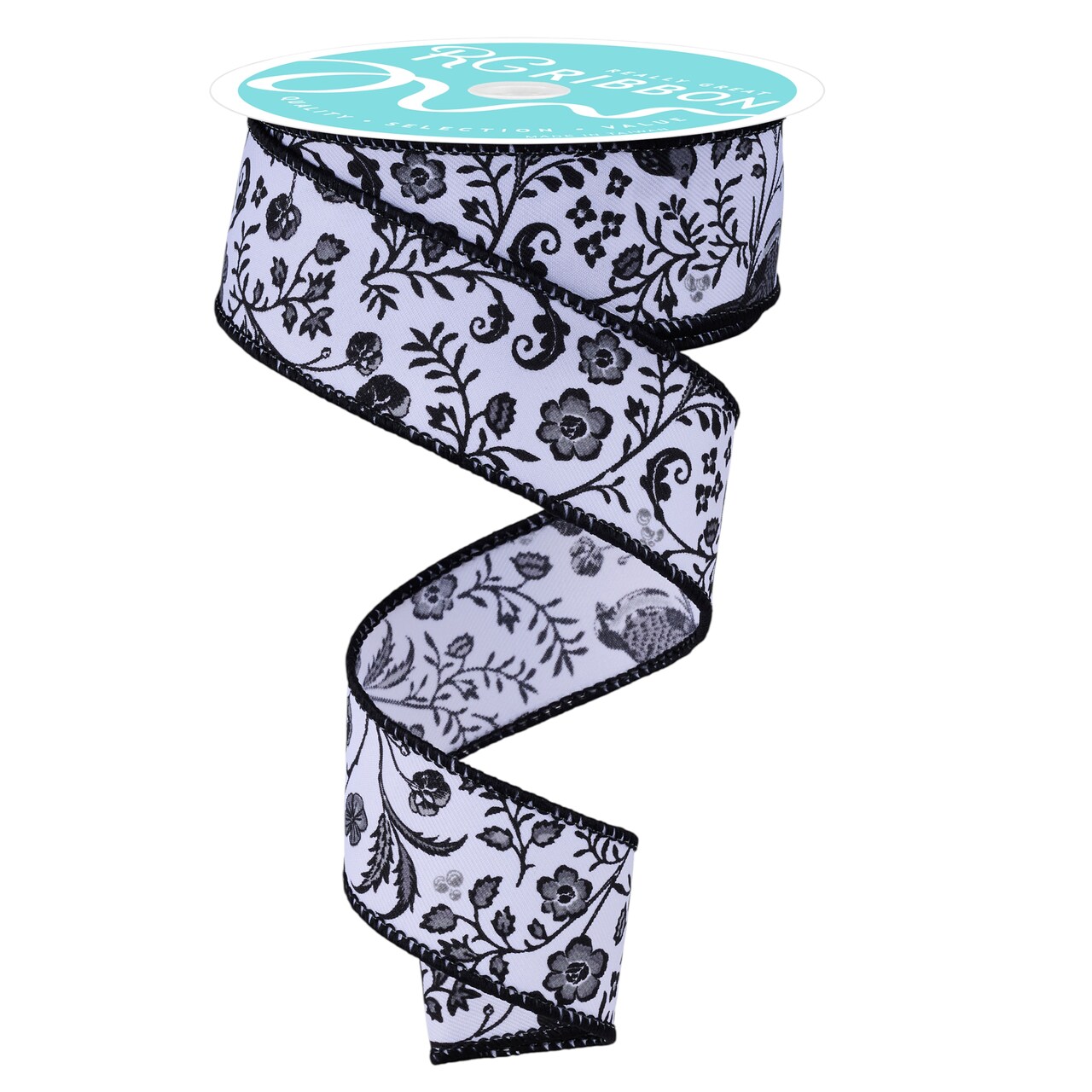 RG Ribbon 1.5" Wired Chinoiserie Flowers and Birds Ribbon - White, Black, Grey - 10 Yards For Bows, Wreaths, Crafts, and Decorations